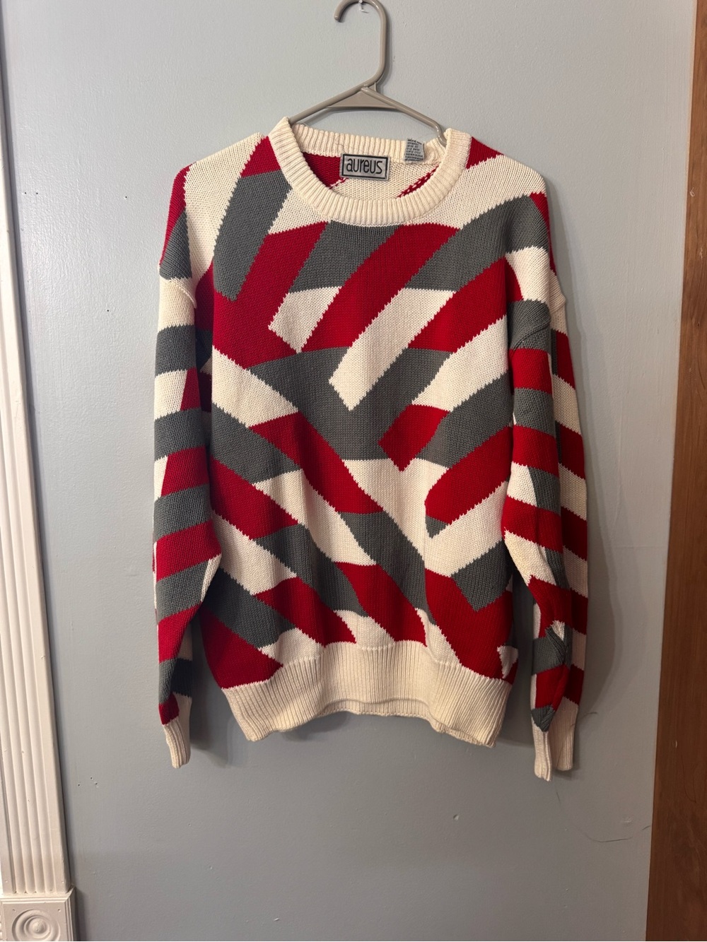 Vintage 80s Aureus Geometric Ribbon Knit Crewneck Sweater Red Grey Cream Size L